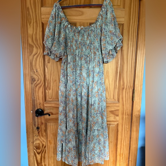 Floral Blue and Orange Smocked Midi Chiffon Dress - Picture 5 of 8